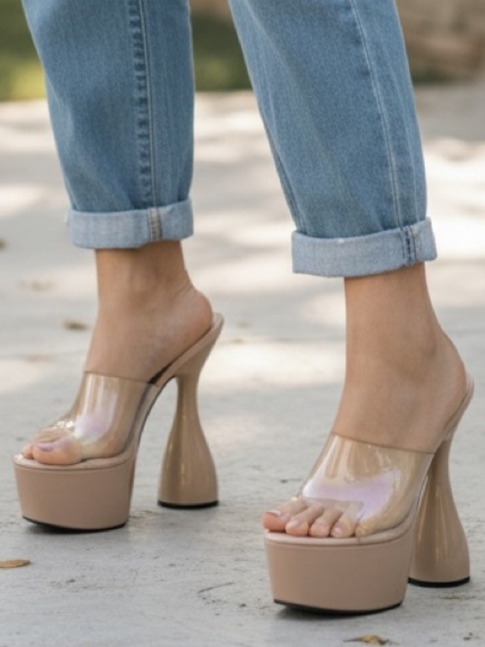 Cape Robbin Nude Platform Mule Heels with Clear Upper